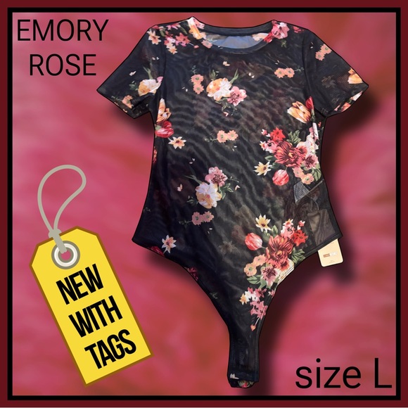 emory rose Tops Nwt Emory Rose Sheer Black Floral Shortsleeve Pc